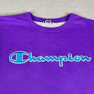 Champion Sweatshirt Men Large Purple Pullover Sweater Spellout Streetwear Logo